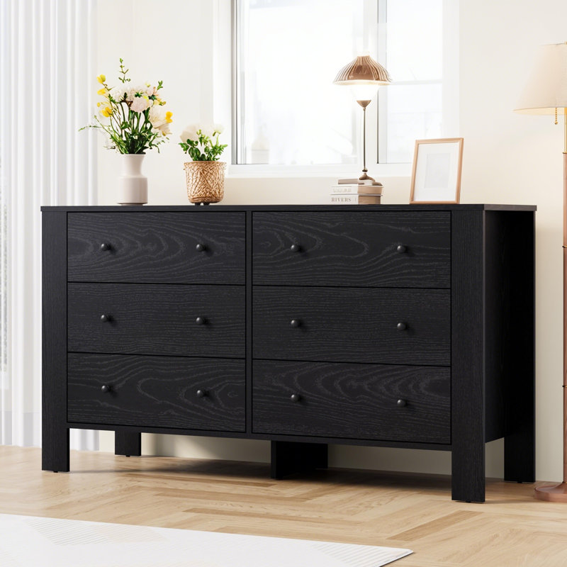 Commode 6 tiroirs avec boutons en métal, grande commode en bois de 50 po de largeur pour le salon de la chambre à coucher