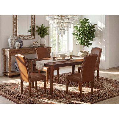 5 Piece Kitchen Table Set for 4 Includes a Rectangle Dining Room Table and 4 Brown Faux Leather Parson Dining Chairs, Mahogany