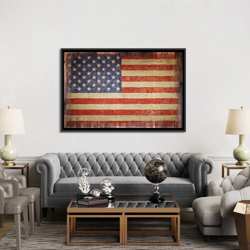 « rétro flag on barnwood », peinture sur toile, Toile avec cadre noir, H 32 po x l 48 po x P 1,5 po