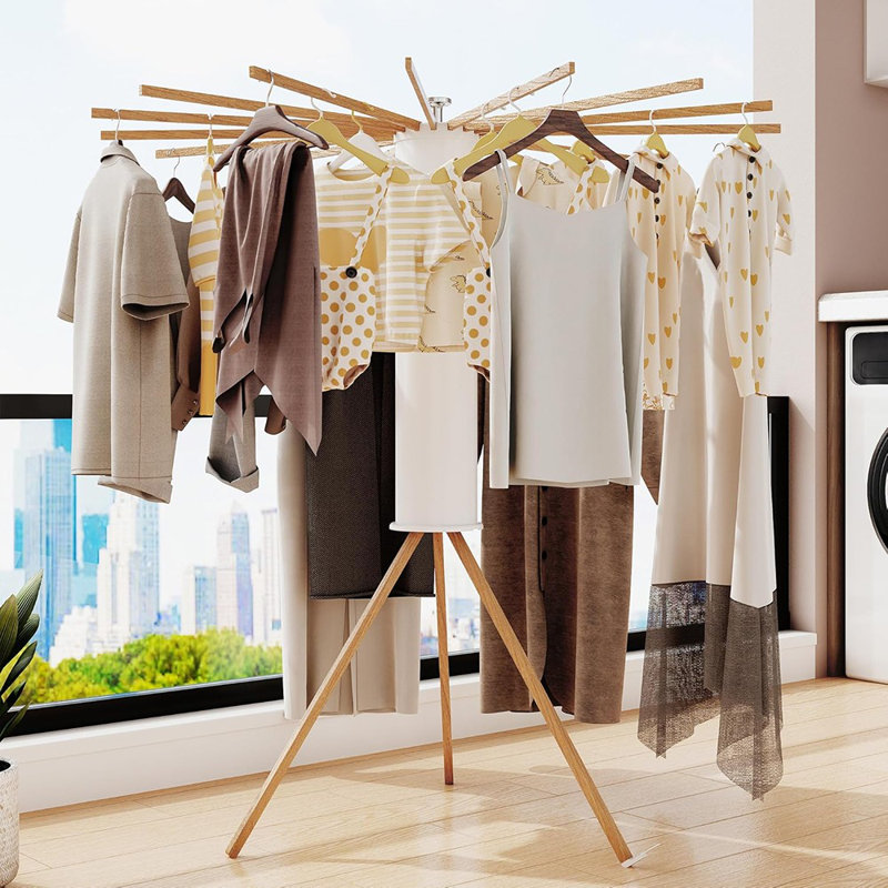 Séchoir à vêtements pliable en bois, trépied, 16 poteaux pour la lessive, support rétractable et pliable sur pied, intérieur et extérieur, style moderne minimaliste