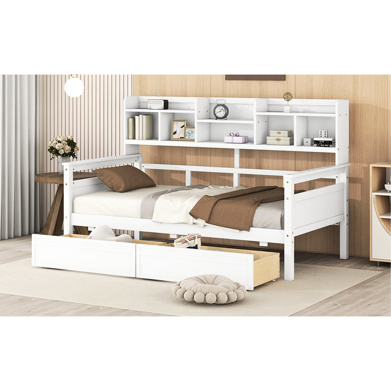 White Twin Daybed With Wood Slat Support, Two Drawers, And Bedside Shelf - Adds Style Function To Your Home Fits Different Styles