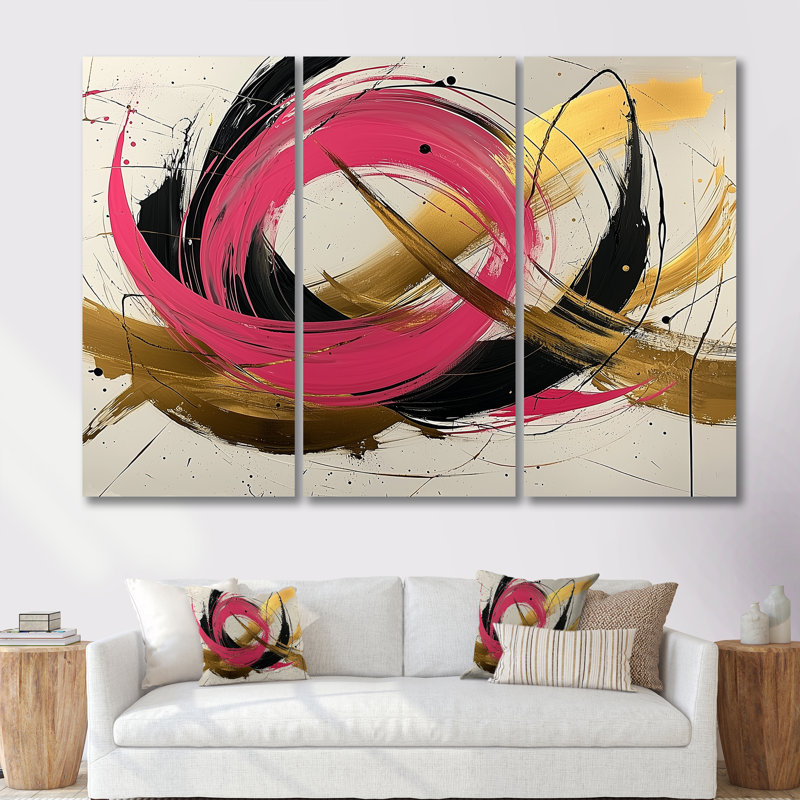Cercles abstraits dans des tons roses et dorés II - ensemble d'art mural formes abstraites, Toile tendue