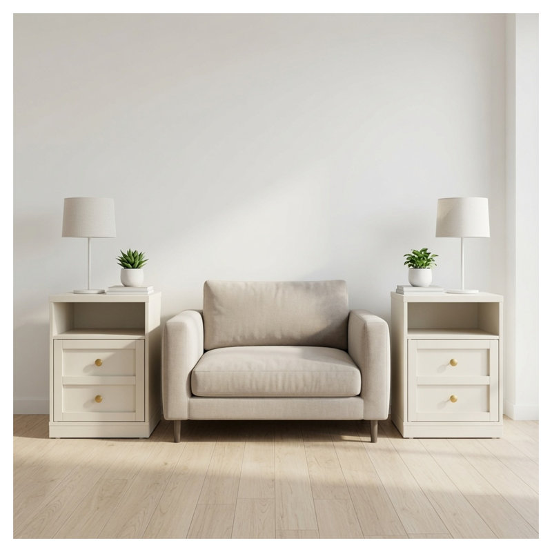 Set of 2 Beige Engineered Wood Nightstands with Door and Faux Drawer Design, 15.7" W Compact Bedside Tables