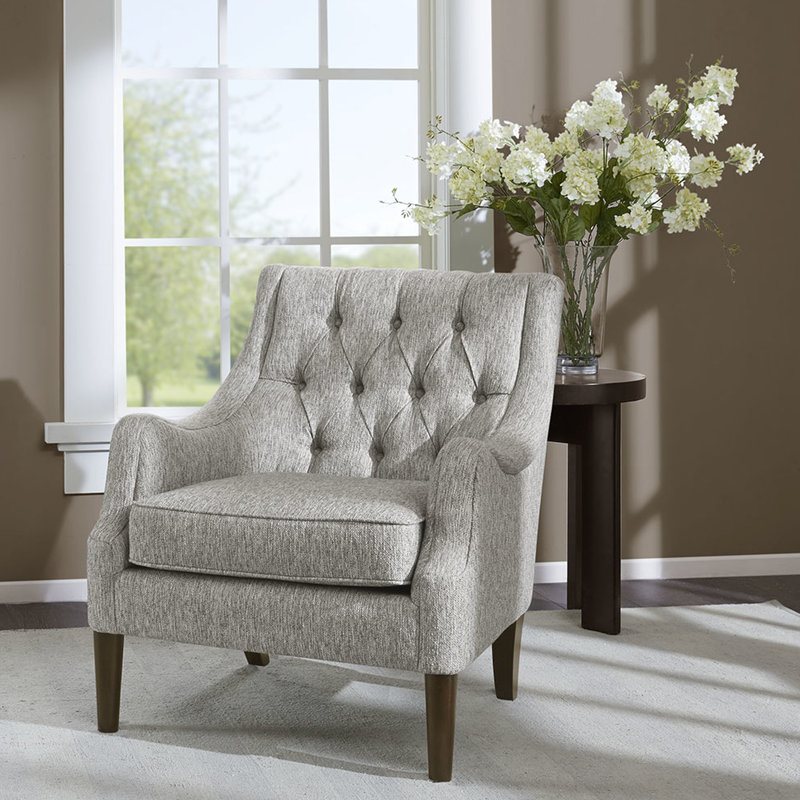 Fauteuil à assise capitonnée, pieds en bois massif, revêtement gris, siège d'appoint contemporain, mousse haute densité, structure stable