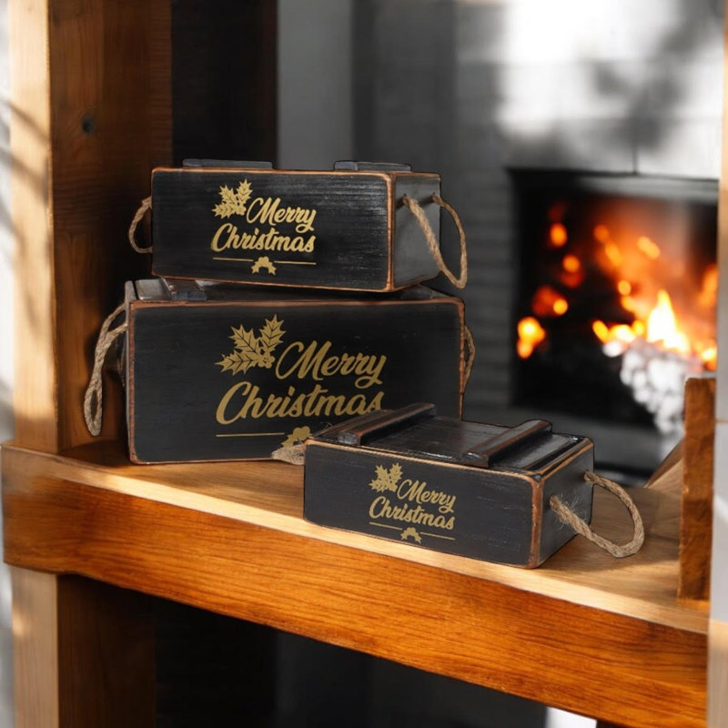 Annalin 3 Piece Handmade Wooden Decorative Box Set, Black