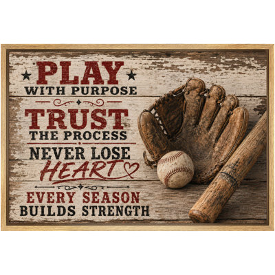 Play With Purpose Baseball Motivational Quote Rustic Sports Artwork, Teen Bedroom Pictures, Framed Canvas Giclee Print Wall Art