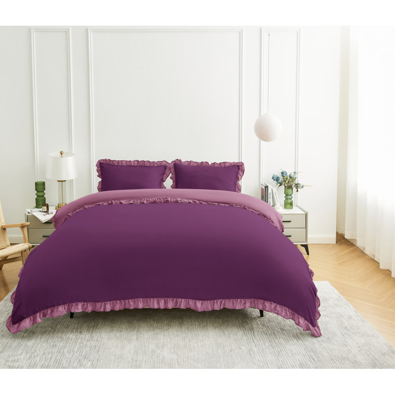 Luxury Embroidered Frill Polycotton Duvet Cover Set with Pillowcases Soft Easy Care Breathable Bedding, Mulbury/Pink
