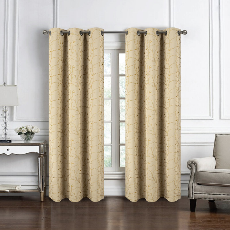 Kinnard Embroidered Branches Privacy Window Curtain, Beige, 54" W x 90" L