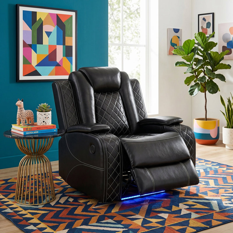 Fauteuil inclinable Soren en cuir végétalien foncé avec porte-gobelets et lumières DEL