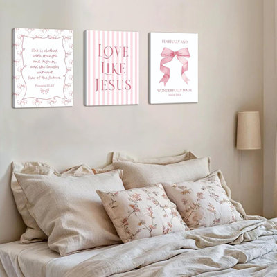 Pink Bow Wall Art Set of 3, Light Pink Christian Wall Decor Pictures, Jesus Verses Bible Canvas Posters Paintings Preppy Prints for Teen Girls Dorm Be