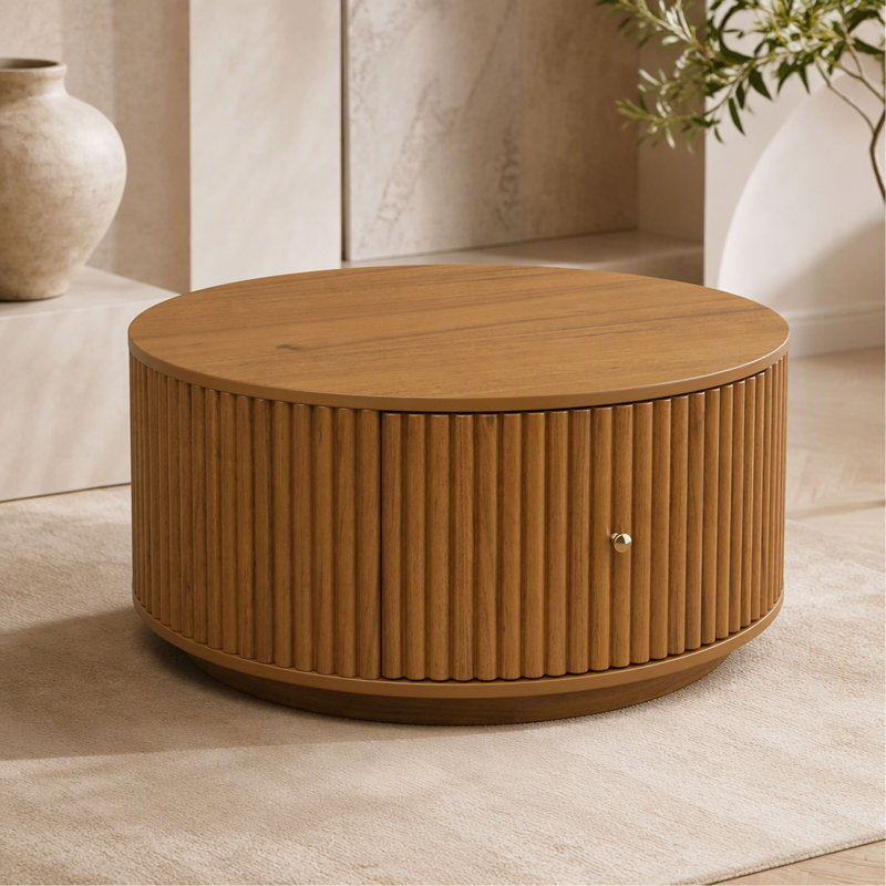 Table basse ronde à tambour cannelé avec deux tiroirs de rangement cachés incurvés, table centrale en bois massif, table basse circulaire moderne de style Mid-Century pour salon et appartement