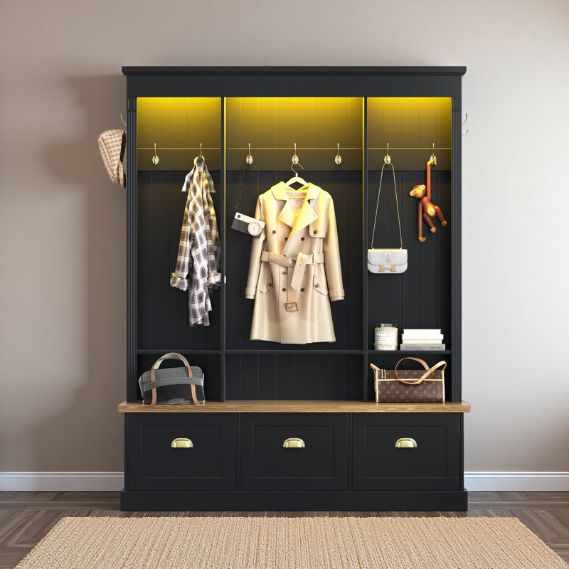 Elegant APP Controlled LED Light Hall Tree With 9 Hooks, Roman Column Design Natural Storage Bench With 3 Large Cabinets, Farmhouse Entryway Organizer With Shelves For Hallway