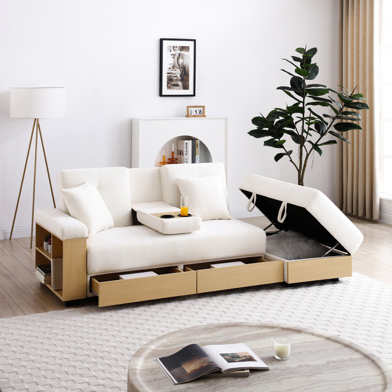 Lit double pliant beige avec rangement, accoudoirs, table rabattable, 2 porte-gobelets, coussins, accoudoirs réversibles, lin en coton, mousse haute densité, cadre en bois pour bureau multifonctionnel convertible