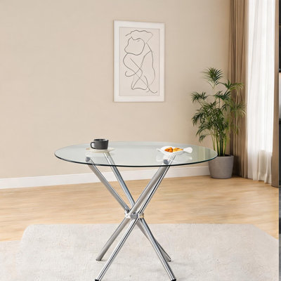 Table de salle à manger ronde moderne en verre avec plateau transparent et piédestal argenté, pour 4 à 6 personnes, diamètre de 36,6 pouces