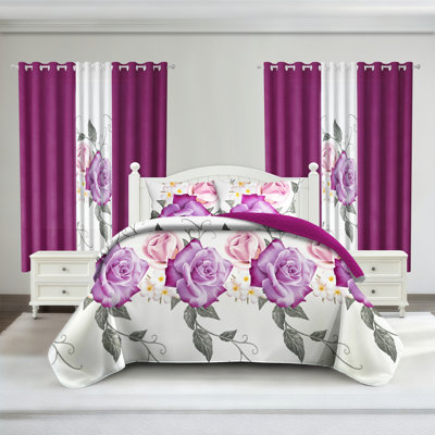 King Size 9-Piece Purple Rose Floral Bedding & Curtain Set (King) - Quilted Microfiber Bedspread + Sheer Drapes