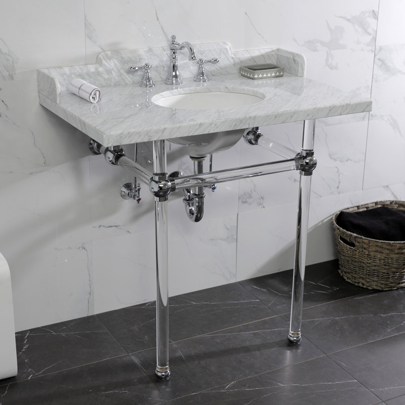 Kingston Brass Pemberton 36-Inch Carrara Marble Console Sink with Acrylic Legs (8-Inch, 3-Hole), Marble White/Polished Chrome
