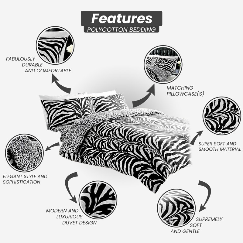 Safari Animal Print Reversible Duvet Cover Set - Soft Polycotton Bedding with Pillowcases Zebra & Leopard Design, Single