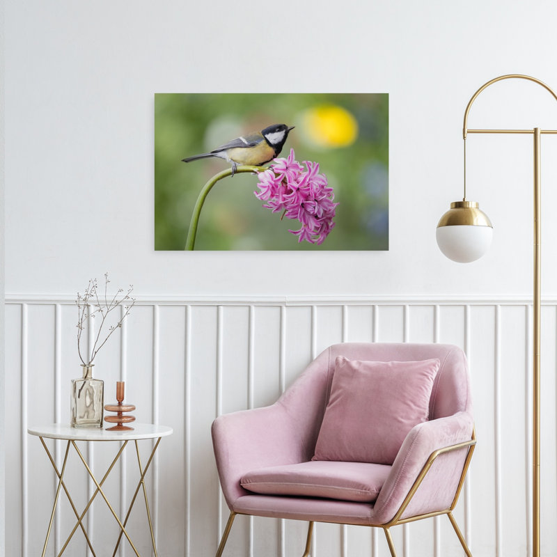 Mésange charbonnière sur jacinthe - Oiseau délicat et vibrant - Illustration murale nature, H 24 po x l 36 po