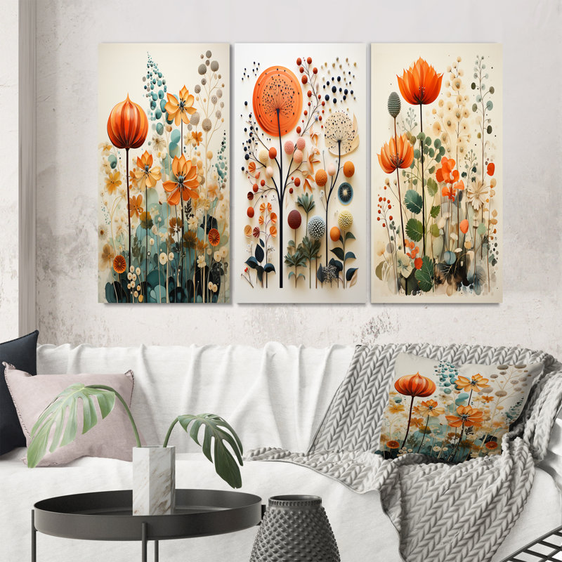 3 pièces sur toile - Botanicals Mid-Century colorés Mid-Century, Toile tendue, H 28 po x l 36 po