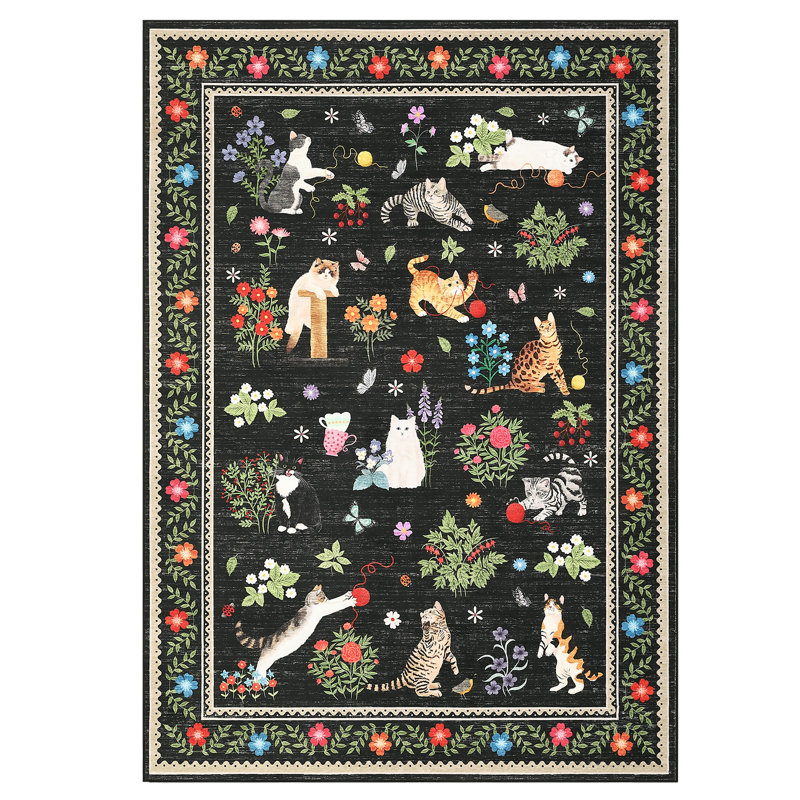 8×10 Cat Pattern Animal Area Rugs with Rubber Backing, Washable Stain Resistant Floral Bordered Soft Indoor Carpet for Living Room
