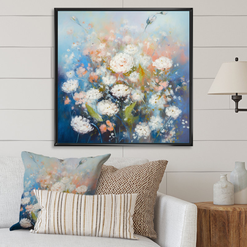 Rongstad, œillets bleus et blancs sur toile, H 16 po x l 16 po x P 1 po, Cadre flottant noir