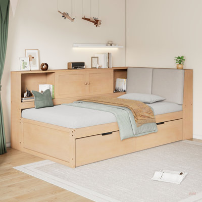 Wooden Full Size L-Shaped Daybed Corner Bed Under-Bed Drawers With Storage Bookcase And Upholstered Headboard And USB Charging Ports For Limited Spac by Latitude Run