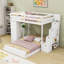 Lit superposé simple au-dessus d'un lit double en bois avec tiroirs de rangement intégrés, tablettes latérales et escalier-1256448492