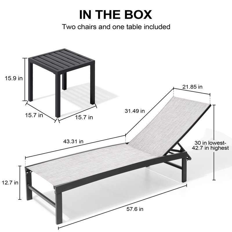 Patio Metal Reclining Chaise Lounge With Square Table (Set Of 3), Earth