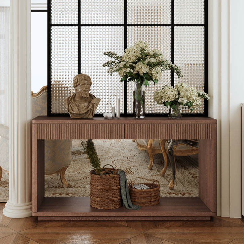 Console moderne cannelée à 2 tiroirs avec placage en bois naturel et canapé pour le salon, le couloir, l'entrée et le bureau