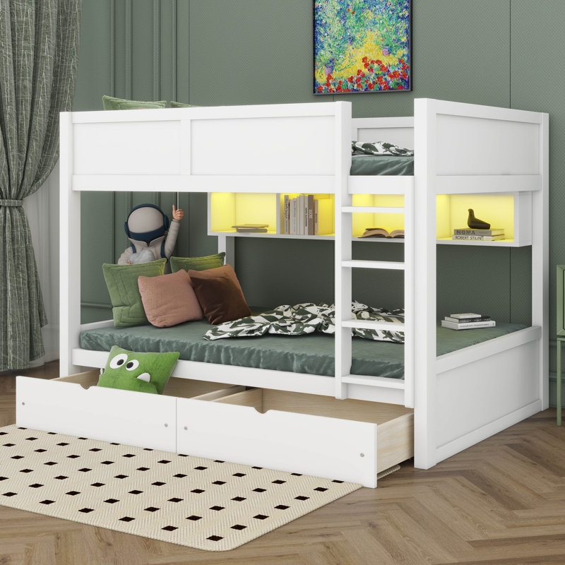 Full XL Over Full XL Bunk Bed With 2 Drawers, Wood Bunk Bed With Storage Cabinets And LED Lights, No Box Spring Needed, White
