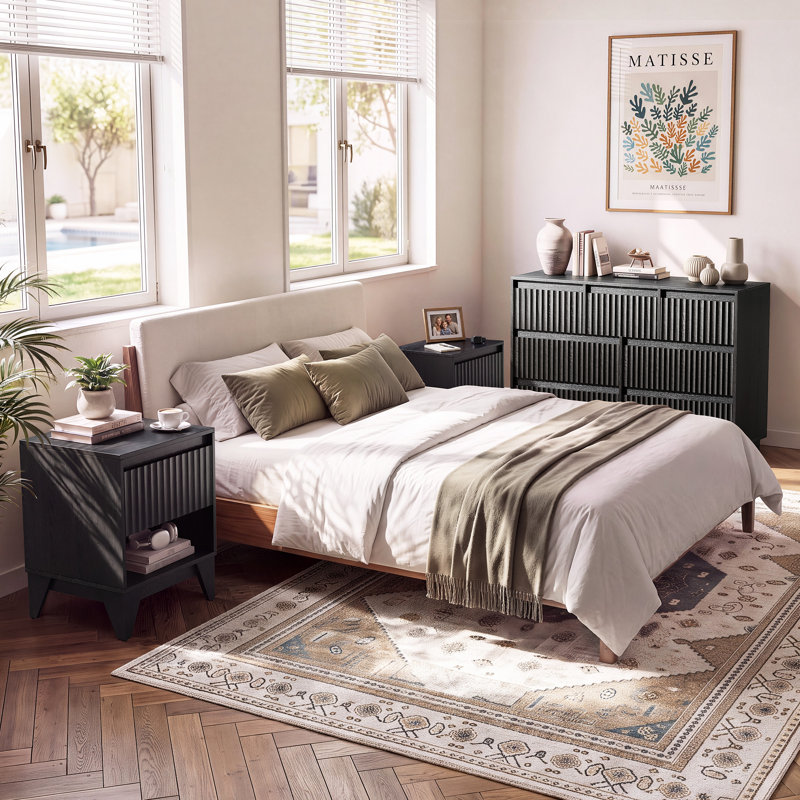 Ensemble de chambre à coucher de 3 pièces Dejesus, commode 7 tiroirs et 2 tables de chevet, Noir