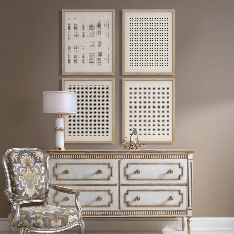 Motif géométrique à pois encadré sur papier, 4 pièces, Naturel, H 16 po x l 12 po