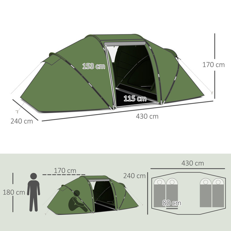 Brazley 4 Man Camping Tent UV Protection 430 x 240 x 170cm, Green