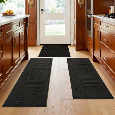 Kitchen Rugs And Mats Set Of 3, Non Skid Washable Black Geometric Kitchen Mats For Floor, Absorbent And Stain Resistant Floor Mat For Laundry -Hallways Entryway Laundry Room Washable
