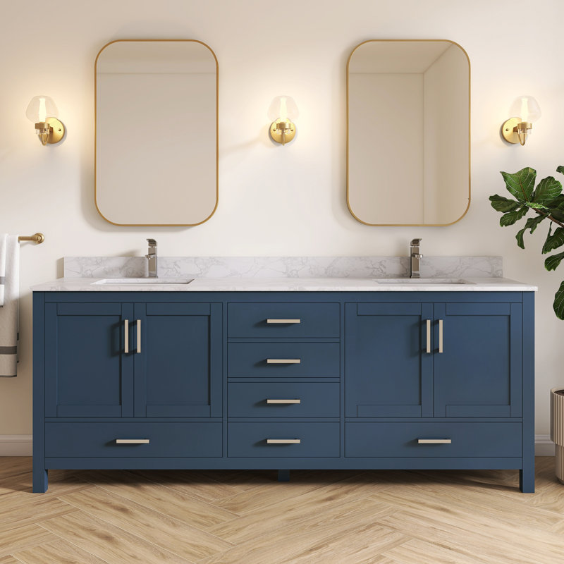 Felix 84'' Fully Assembled Double Bathroom Vanity With Engineered Marble Top and Backsplash, Blue, 84"