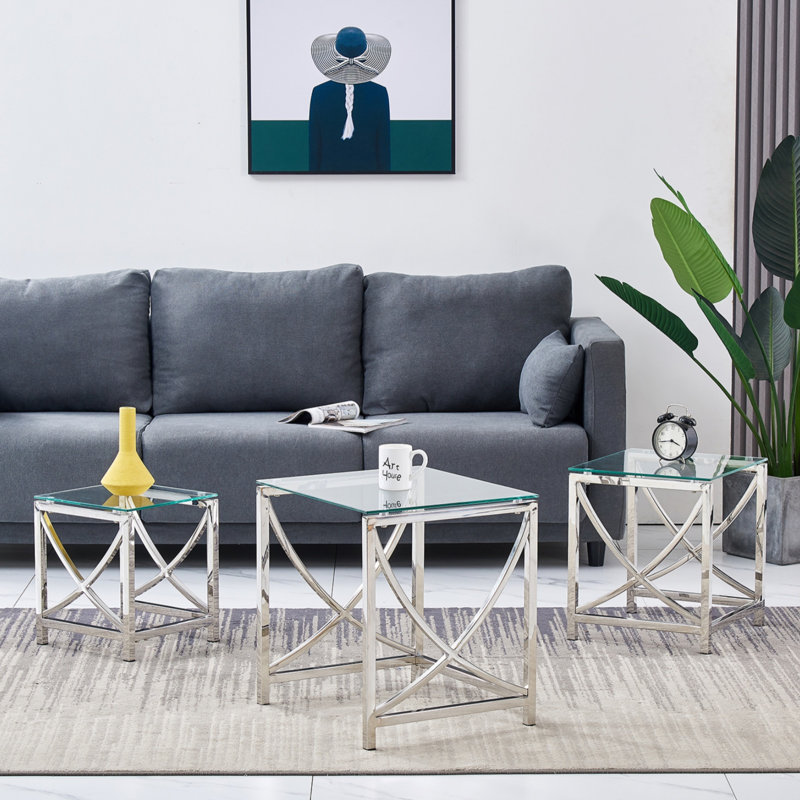 Modern Stainless Steel Nesting Tables With Tempered Glass Top Set of 3 For Living Room (Curve), Chrome/Clear