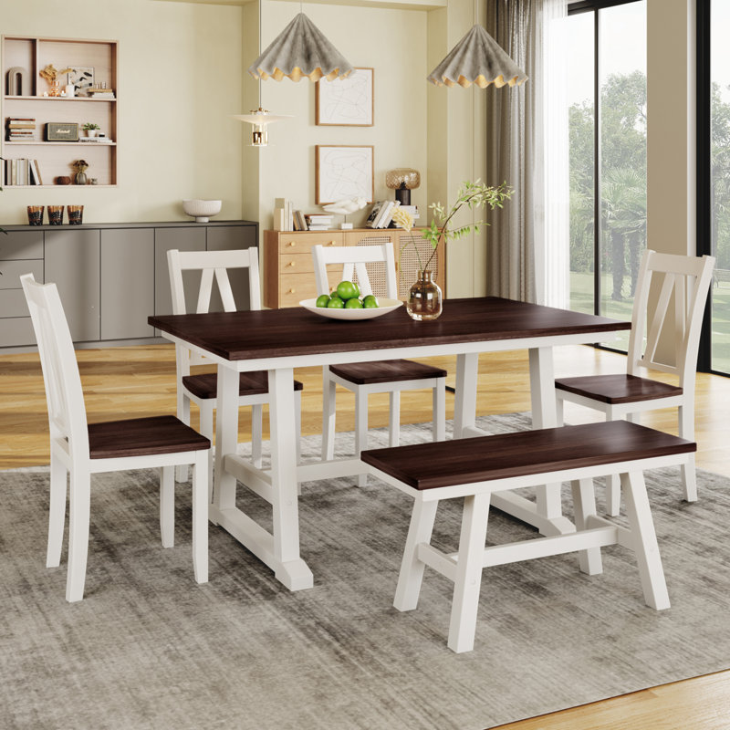 Ensemble de table de salle à manger en bois 6 pièces avec long banc et 4 chaises de salle à manger de style campagnard TopMAX