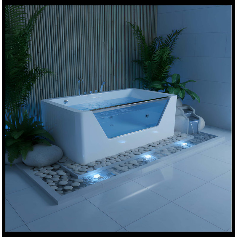 67" Whirlpool Bathtub ,Hydrotherapy Jetted Bathtub with Glass Panel, 7 Jets,3-Side Apron,89 Gallons,White