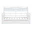 Lit de jour simple, support en lattes de bois, avec tablettes de chevet et deux tiroirs, blanc