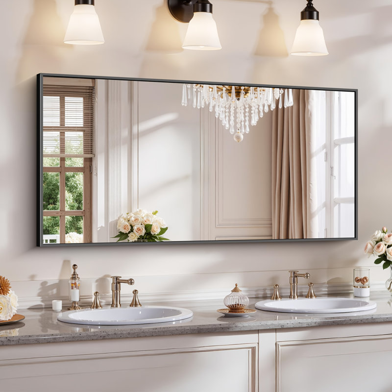 Black Bathroom Mirror for Wall, 24x48 Inch Rectangle with Metal Frame, Modern Vanity for Bathroom Living Room, Entryway Hangs Horizontal or Vertical