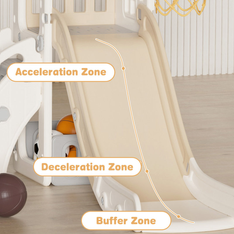 6 In 1 Toddler Slide Playset, Indoor Outdoor Climbing Toy with Basketball Hoop, Beige/Brown