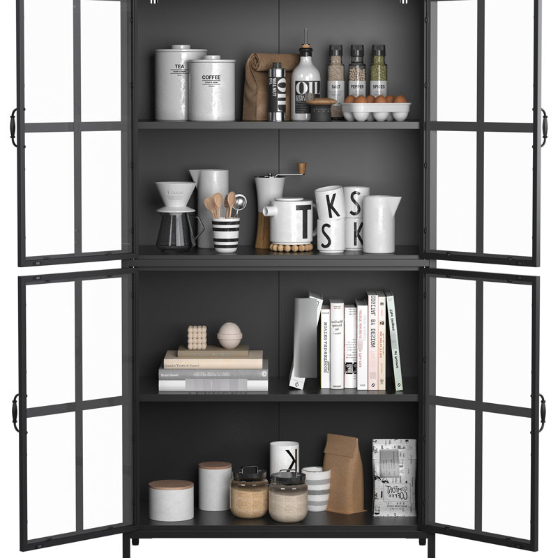 Armoire en métal avec verre trempé, fonction d'automne, portes de rangement en verre spacieuses pour le salon, tablettes réglables, cuisines stables
