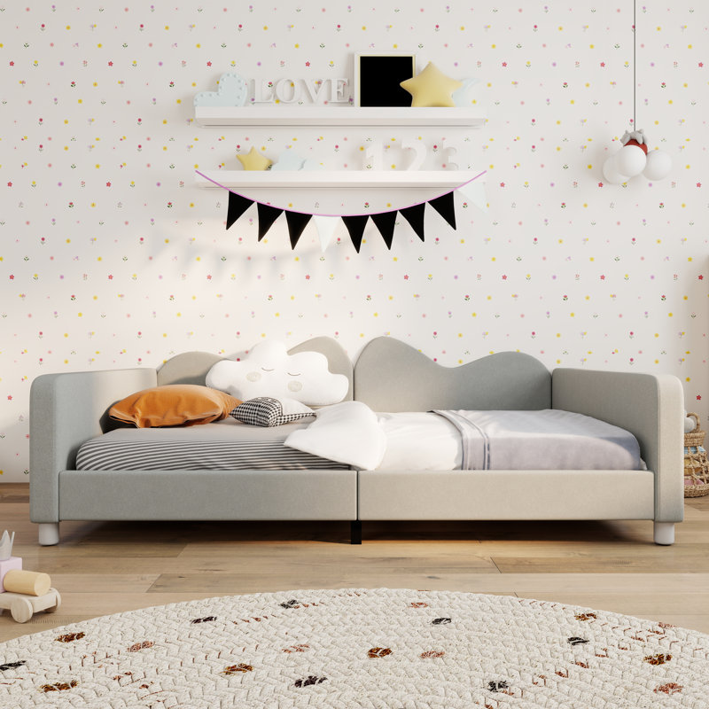 Lit de jour rembourré en tissu Sherpa pour enfants confortable avec dossier en forme de nuage, Gris, Lit double