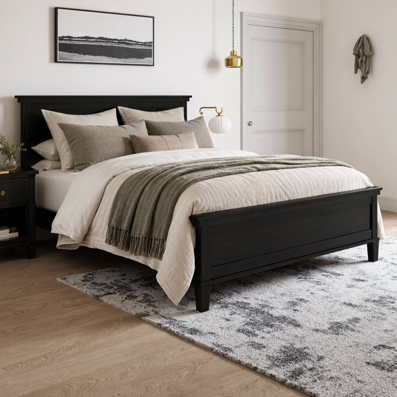 Lit plateforme très grand Mid-Century en bois avec tête de lit, finition noir anthracite, pieds fuselés en pin massif, support à lattes de bois, aucun sommier requis, rangement sous le lit de 8,2 po, capacité de 800 lb