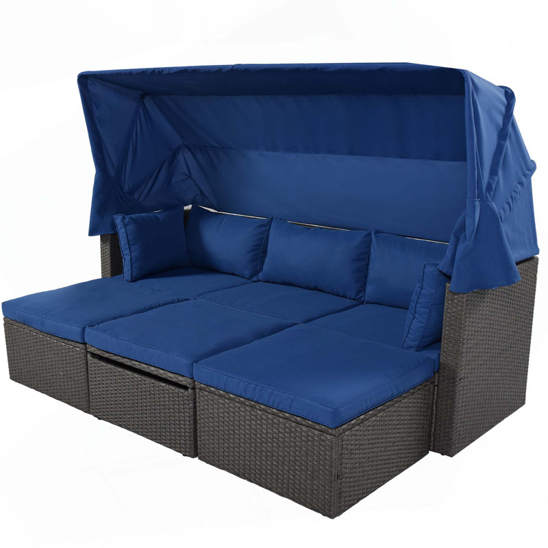 82.7'' Wide Wicker Patio Daybed with Cushions, Blue