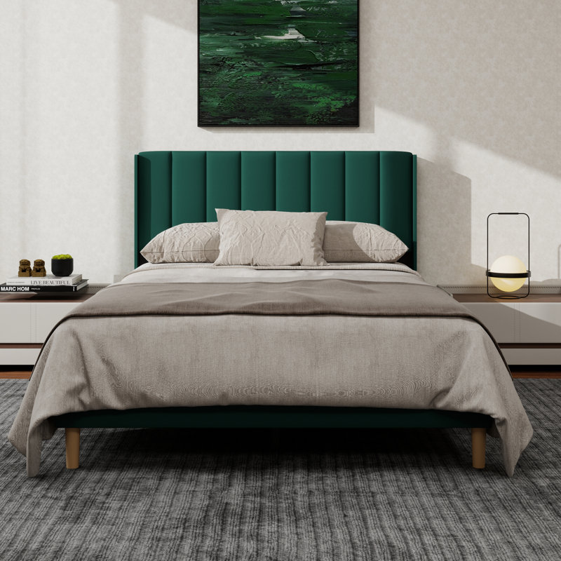 Structure de lit plateforme tapissier avec oreilles, Lit double, Vert