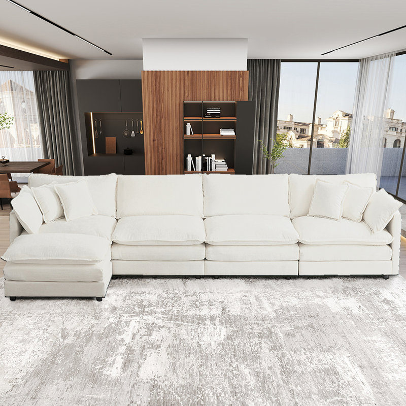 Harut 146.5" L-Shaped Modular Sectional Sofa With Movable Ottomans, White Chenille
