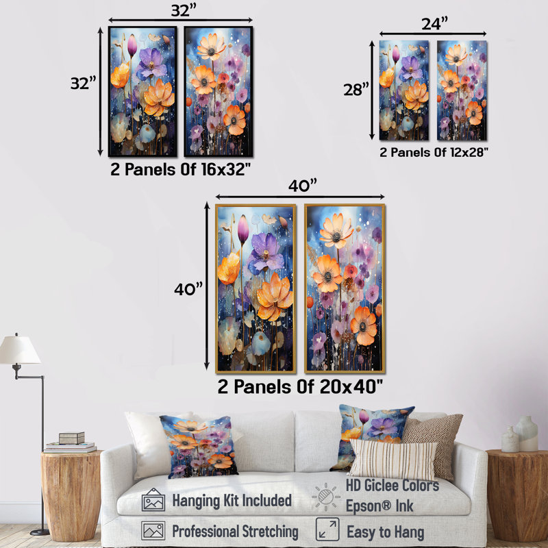 Ensemble de 2 impressions murales multicolores galaxie florale colorée, Toile tendue, H 40 po x l 41 po