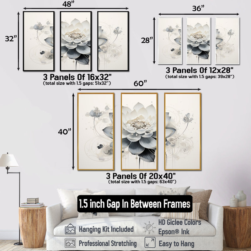 Serenity Blossum Blue Lotus - lot d'art mural lotus, Cadre naturel flottant, H 28 po x l 36 po x P 1 po