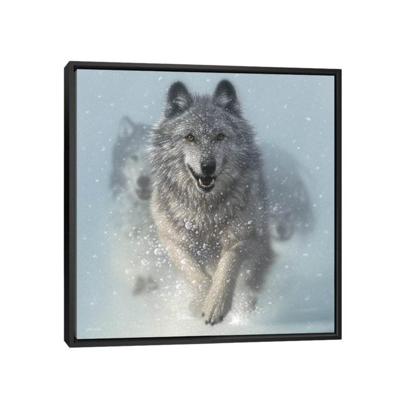 Chasse-neige - loups de course, carré, H 18 po x l 18 po x P 1,5 po, Toile encadrée noire, Blanc